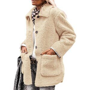 Women’s Beige Faux Fur Coat Long Sleeve Lapel Button Down Fleece Sherpa Jacket